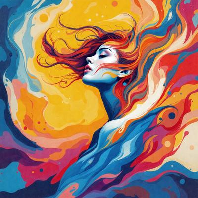 The primary subject of the image is a woman with red hair, who is the main focus of the scene. She is depicted with a blue and orange background, which adds a vibrant and lively atmosphere to the image. The visual style of the image is a combination of digital art and illustration, creating a unique and eye-catching piece of art. The woman's red hair and the vivid colors of the background evoke a sense of energy and passion, making the image both visually striking and emotionally eng